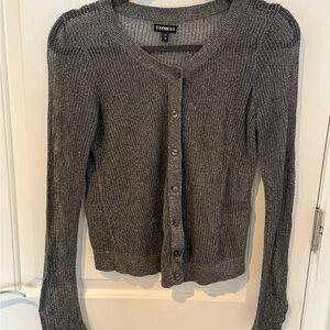 Express Metallic Gray Ribbed Button-Up Cardigan